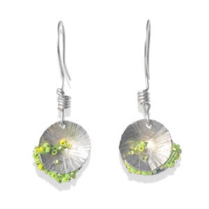 small silver spiral shell earrings with lime green beads