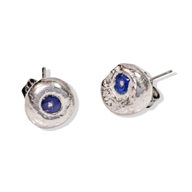 Silver and dark blue glass round stud earrings