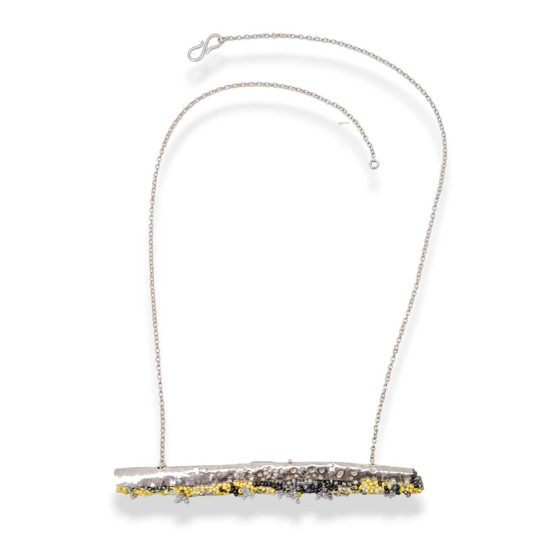 yellow and grey lichen beaded silver necklace