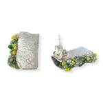 rectangular textured silver stud earrings with green beaded edging