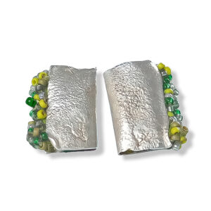 rectangular textured silver stud earrings with green beaded edging