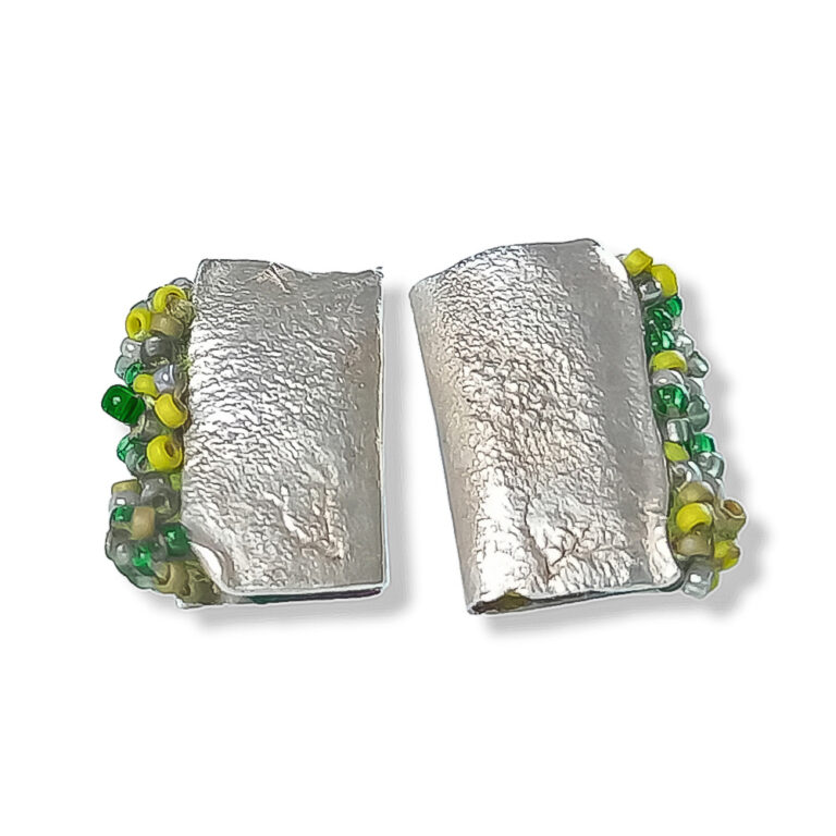 rectangular textured silver stud earrings with green beaded edging
